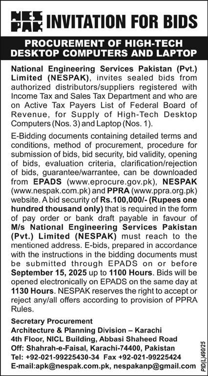 NESPAK Karachi Tender Notice